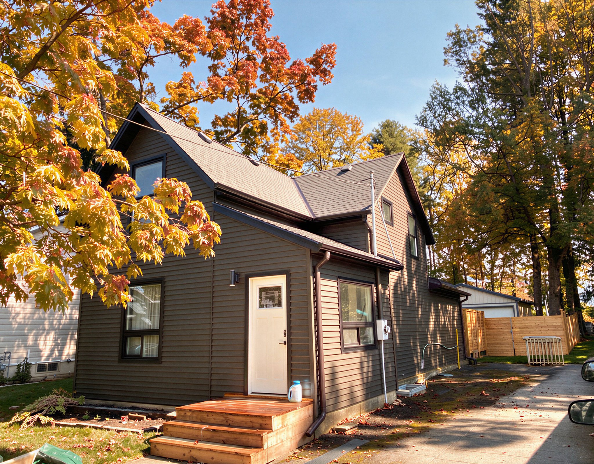 Port Elgin Home with vinyl siding and new eavestroughs under Autumn trees